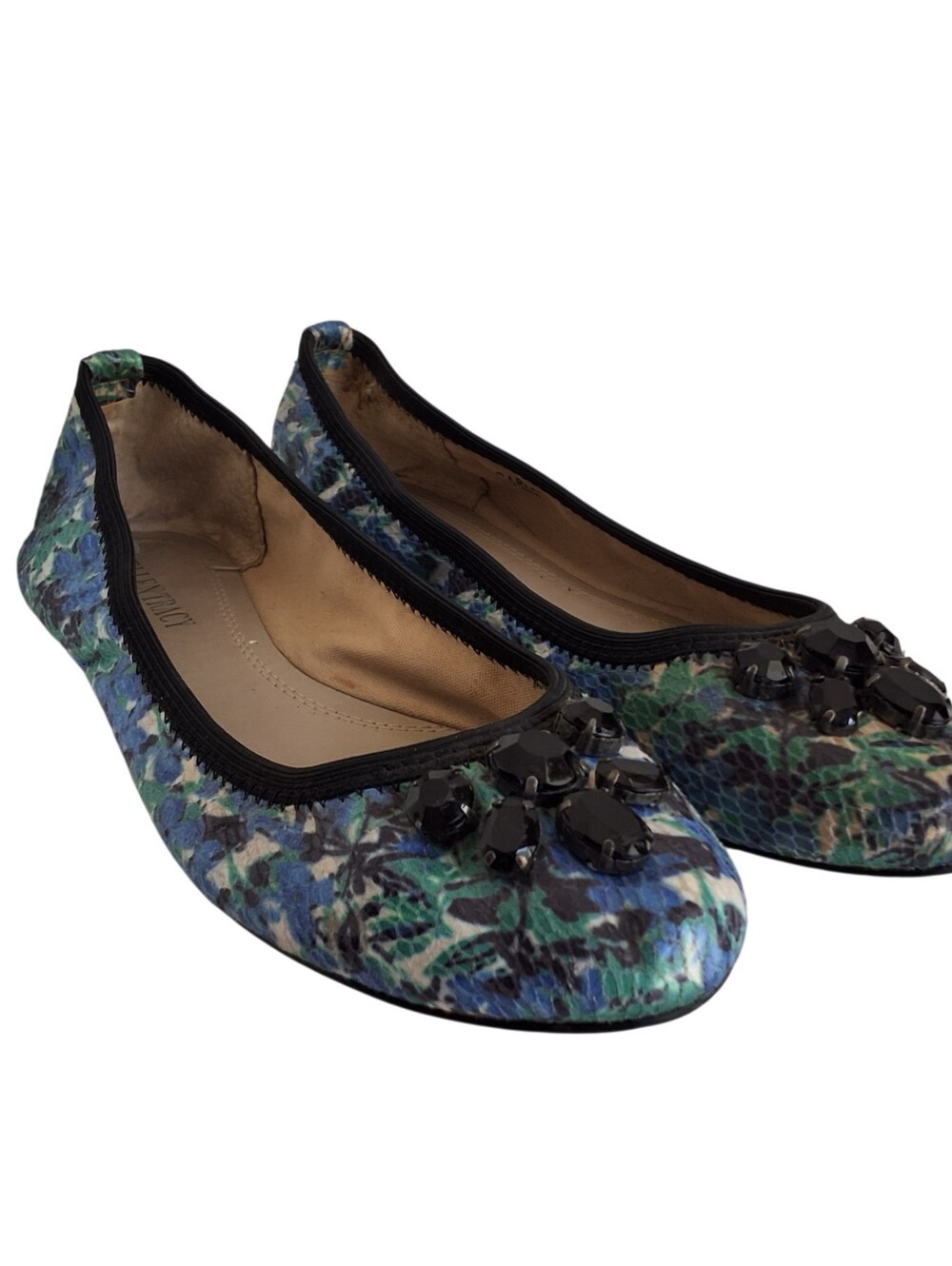 NWOT Leather Ballet Flats, Ellen Tracy Carla, Floral print, Jeweled